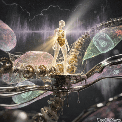 A surreal digital artwork depicting a translucent humanoid with a glowing golden heart and spine, symbolizing a blend of human anatomy and mechanical elements