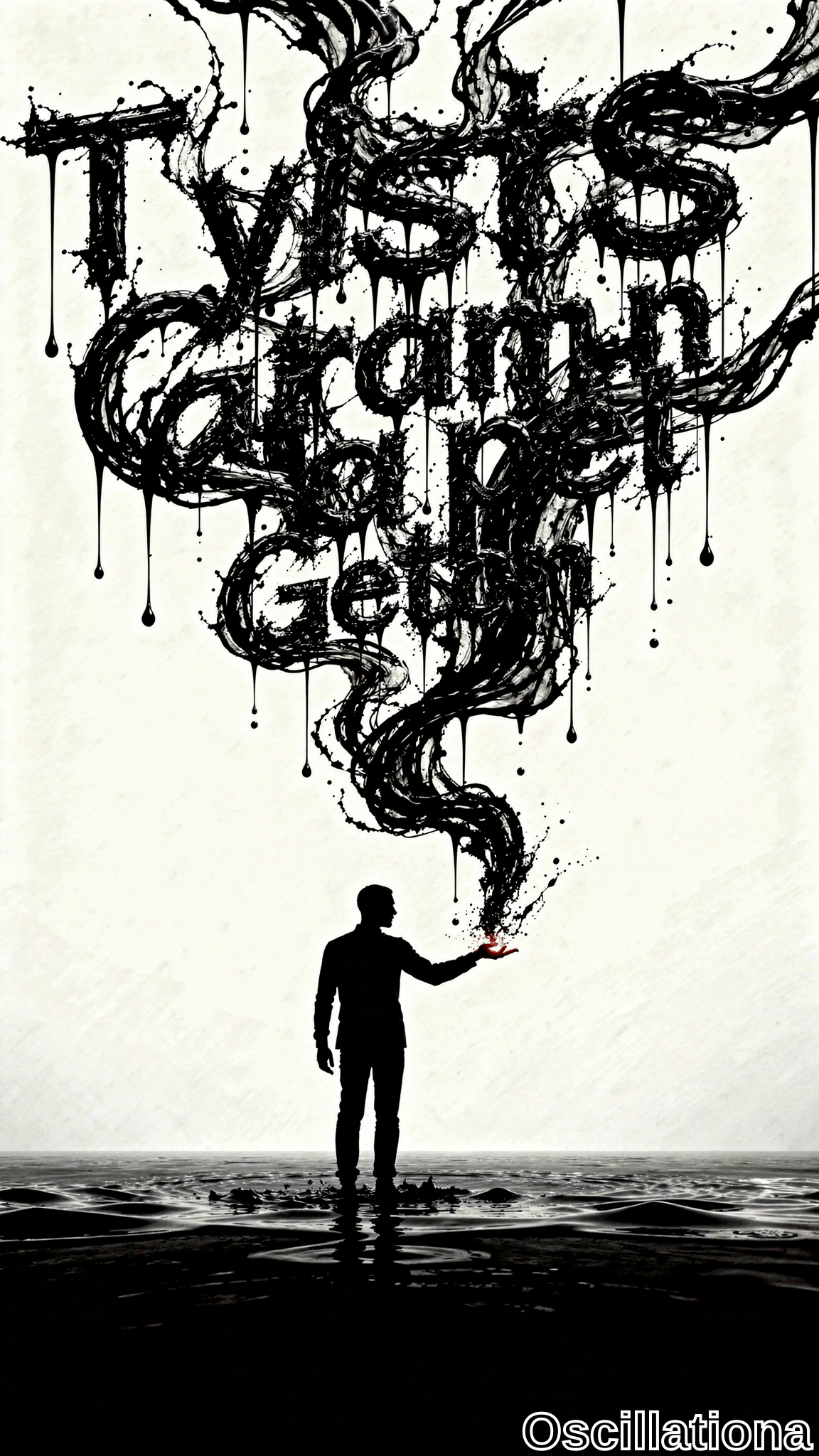 A black silhouette of a man stands in shallow water, his hand extended as swirling ink drips from above to form large stylized text against a pale minimalist background.