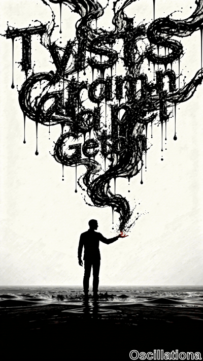 A black silhouette of a man stands in shallow water, his hand extended as swirling ink drips from above to form large stylized text against a pale minimalist background.