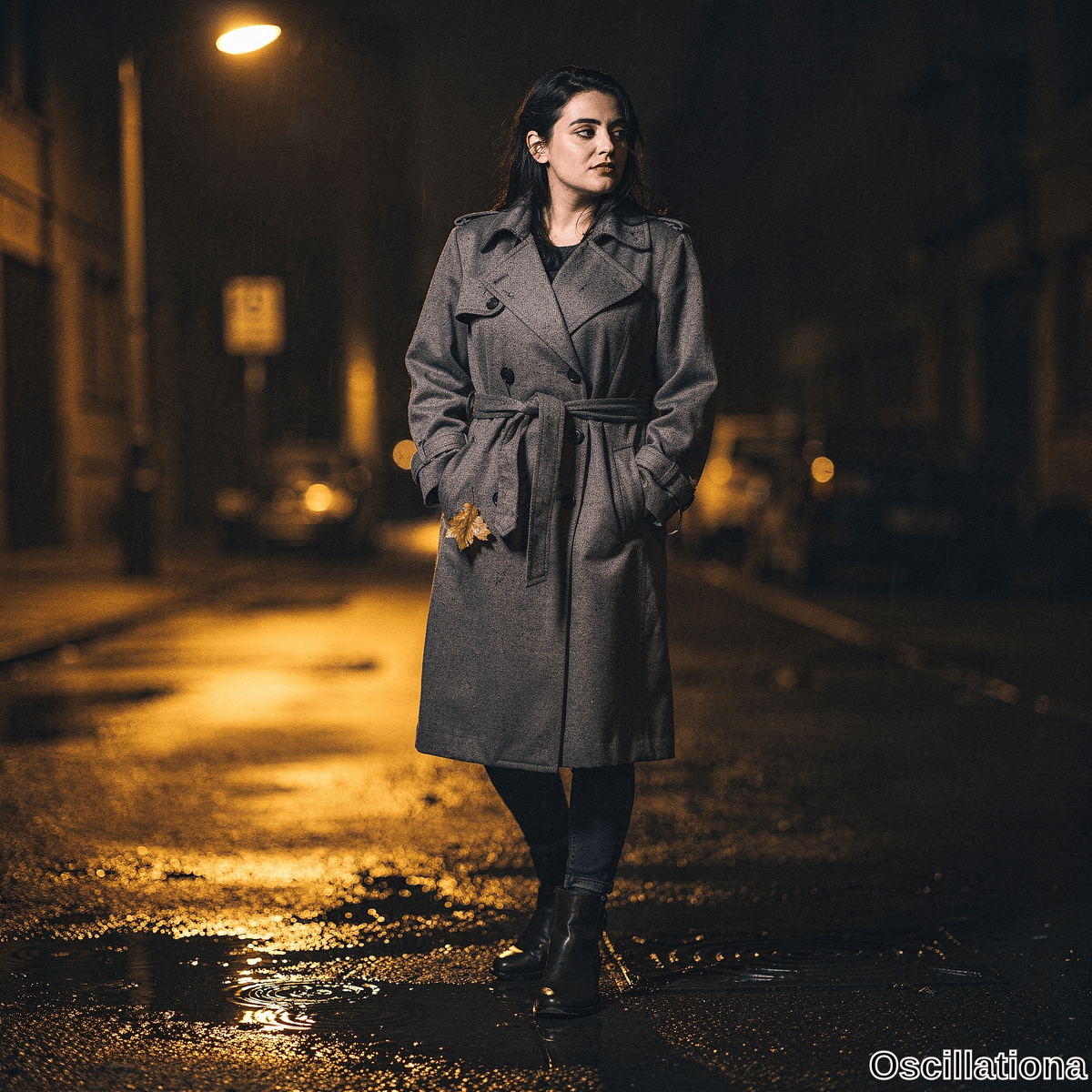 A pensive woman with long dark hair in gray wool trench coat stands in rain-slicked street at night lit by golden streetlamp with rain and bokeh lights. 
The moody cinematic vibe features warm amber highlights reflecting across