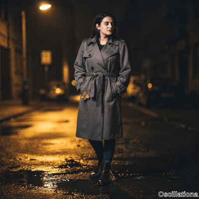 A pensive woman with long dark hair in gray wool trench coat stands in rain-slicked street at night lit by golden streetlamp with rain and bokeh lights. 
The moody cinematic vibe features warm amber highlights reflecting across