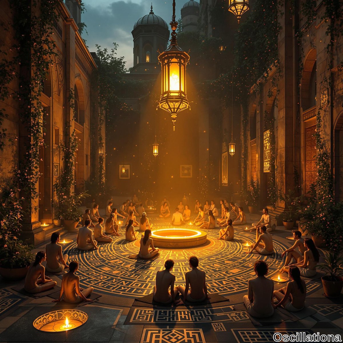 "A serene indoor space resembling an ancient courtyard, dimly lit by golden lanterns.