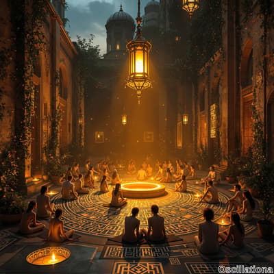 "A serene indoor space resembling an ancient courtyard, dimly lit by golden lanterns.