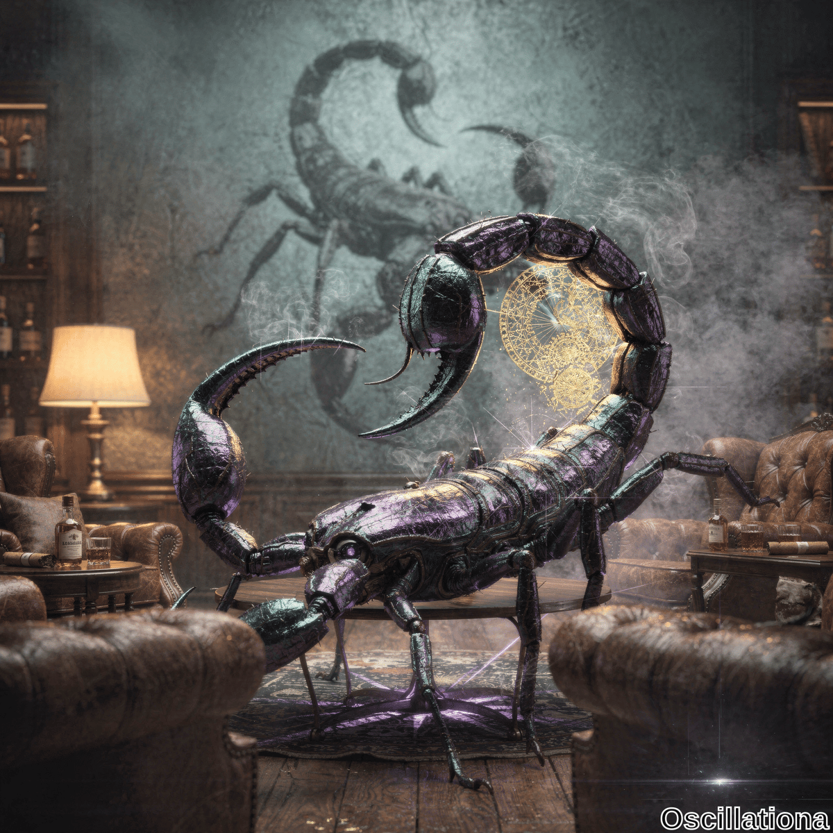 A highly detailed, metallic scorpion with a futuristic design and glossy, segmented body in dark purple and green hues stands in a luxurious, vintage-style room