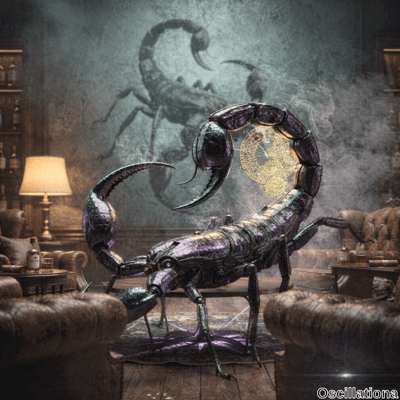 A highly detailed, metallic scorpion with a futuristic design and glossy, segmented body in dark purple and green hues stands in a luxurious, vintage-style room