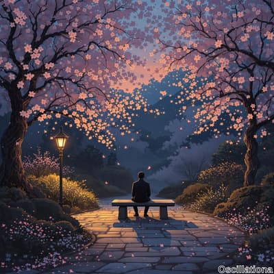 A serene nighttime park scene with a vintage lamp post casting warm light on cobblestone paths.