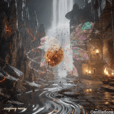 A mystical cavern scene with a large, cracked, glowing amber orb at the center, surrounded by ethereal wings in teal, purple, and pink