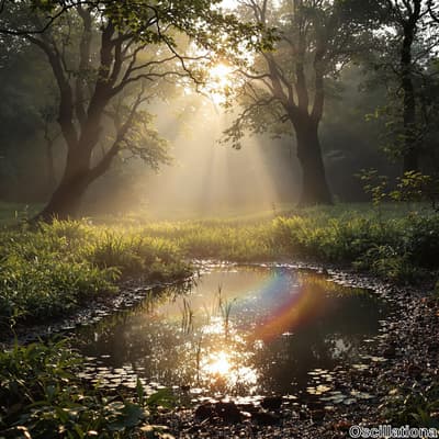 A serene forest at sunrise or sunset, featuring a small pond surrounded by lush green vegetation and tall trees.