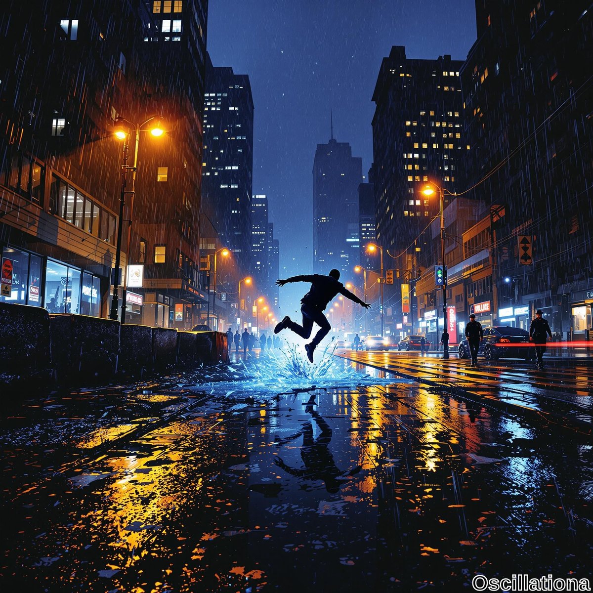 A person leaps across a rain-soaked city street at night, silhouetted against vibrant streetlights.