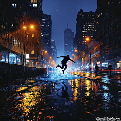 A person leaps across a rain-soaked city street at night, silhouetted against vibrant streetlights.