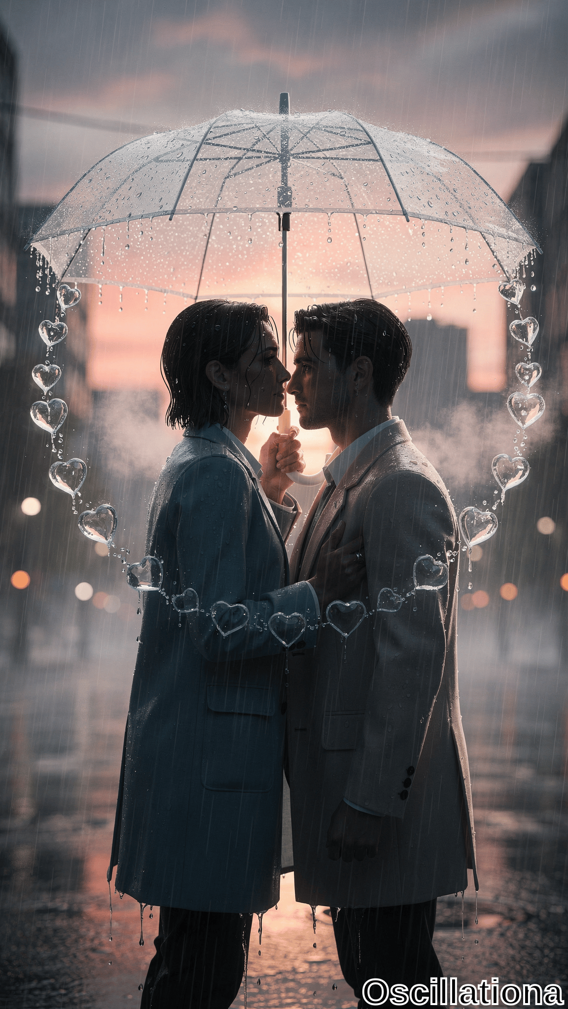 Romantic portrait of couple in nose-to-nose kiss under transparent umbrella amid heavy rain on wet urban street at dusk. Woman with wet dark hair in navy trench coat holds it; man in beige-gray suit embraces her. G