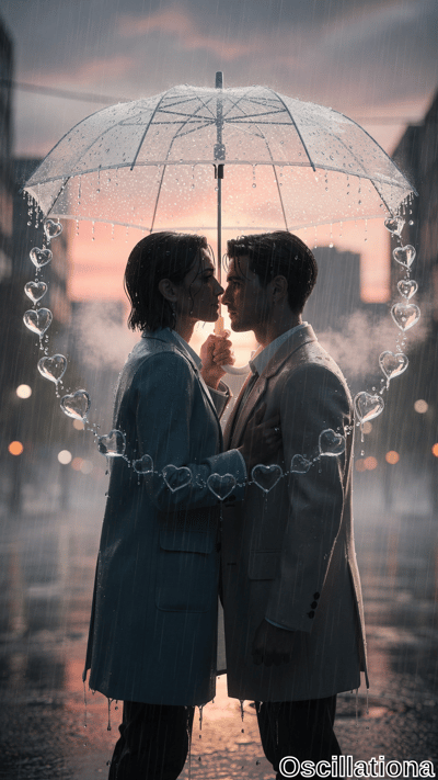 Romantic portrait of couple in nose-to-nose kiss under transparent umbrella amid heavy rain on wet urban street at dusk. Woman with wet dark hair in navy trench coat holds it; man in beige-gray suit embraces her. G
