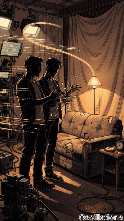 Dimly lit noir-style film set of shabby living room: torn tan couch, wooden table with 2:00 clock/books, yellow-lampshade floor lamp glowing warmly. Two silhouetted men in dark clothes; foreground figure