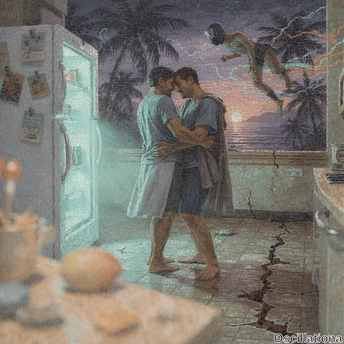 Surreal mosaic painting of two barefoot muscular men passionately kissing in cracked twilight kitchen-balcony, lit by glowing retro fridge. Counter holds mango, candies; sunset view with palms, leaping masked superhero.