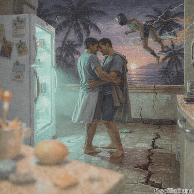 Surreal mosaic painting of two barefoot muscular men passionately kissing in cracked twilight kitchen-balcony, lit by glowing retro fridge. Counter holds mango, candies; sunset view with palms, leaping masked superhero.
