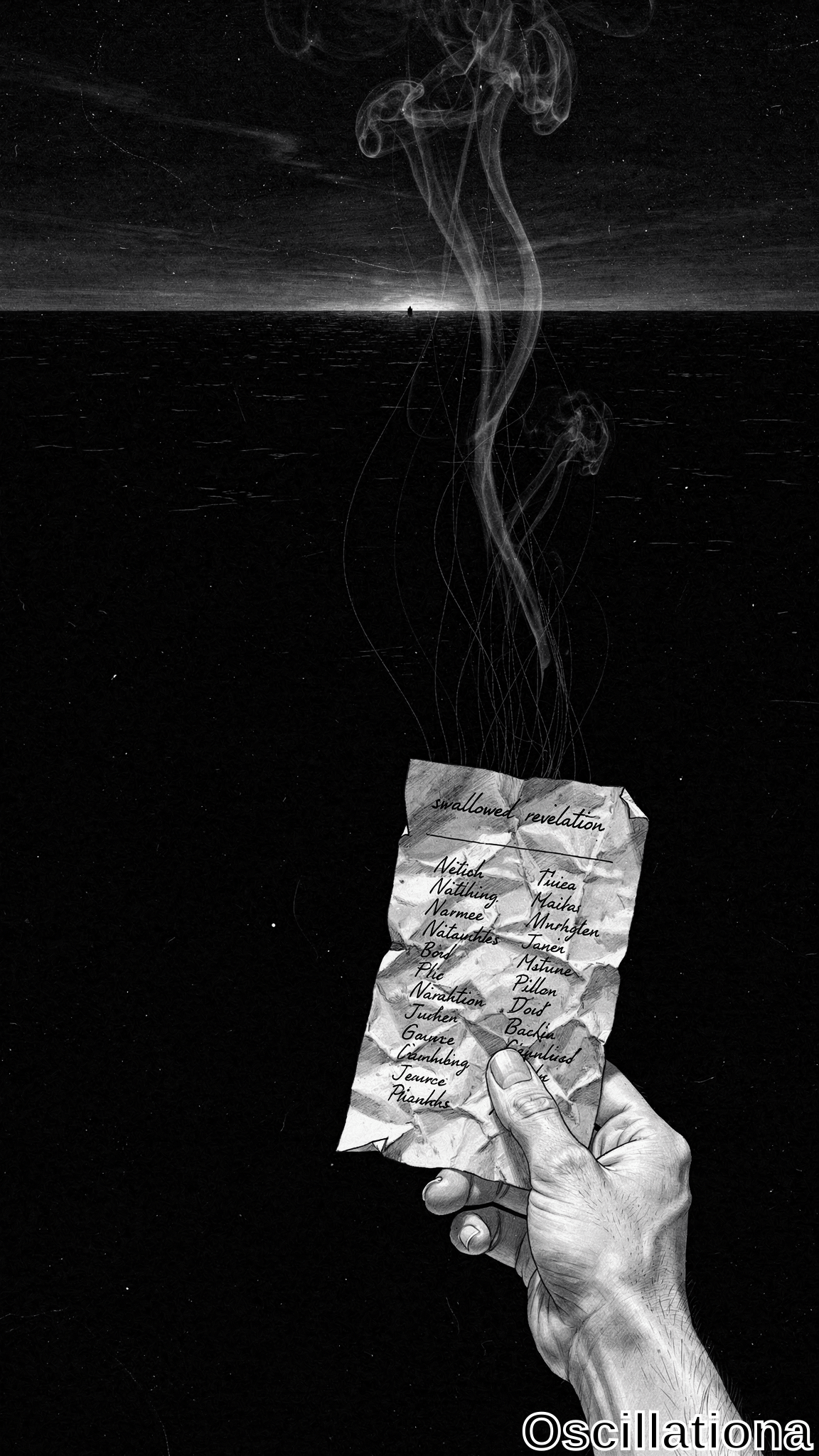 A hand grips crumpled paper printed with repeated oscillation text as swirling smoke rises toward a distant horizon in stark black and white.