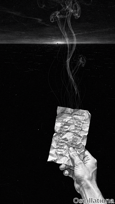 A hand grips crumpled paper printed with repeated oscillation text as swirling smoke rises toward a distant horizon in stark black and white.