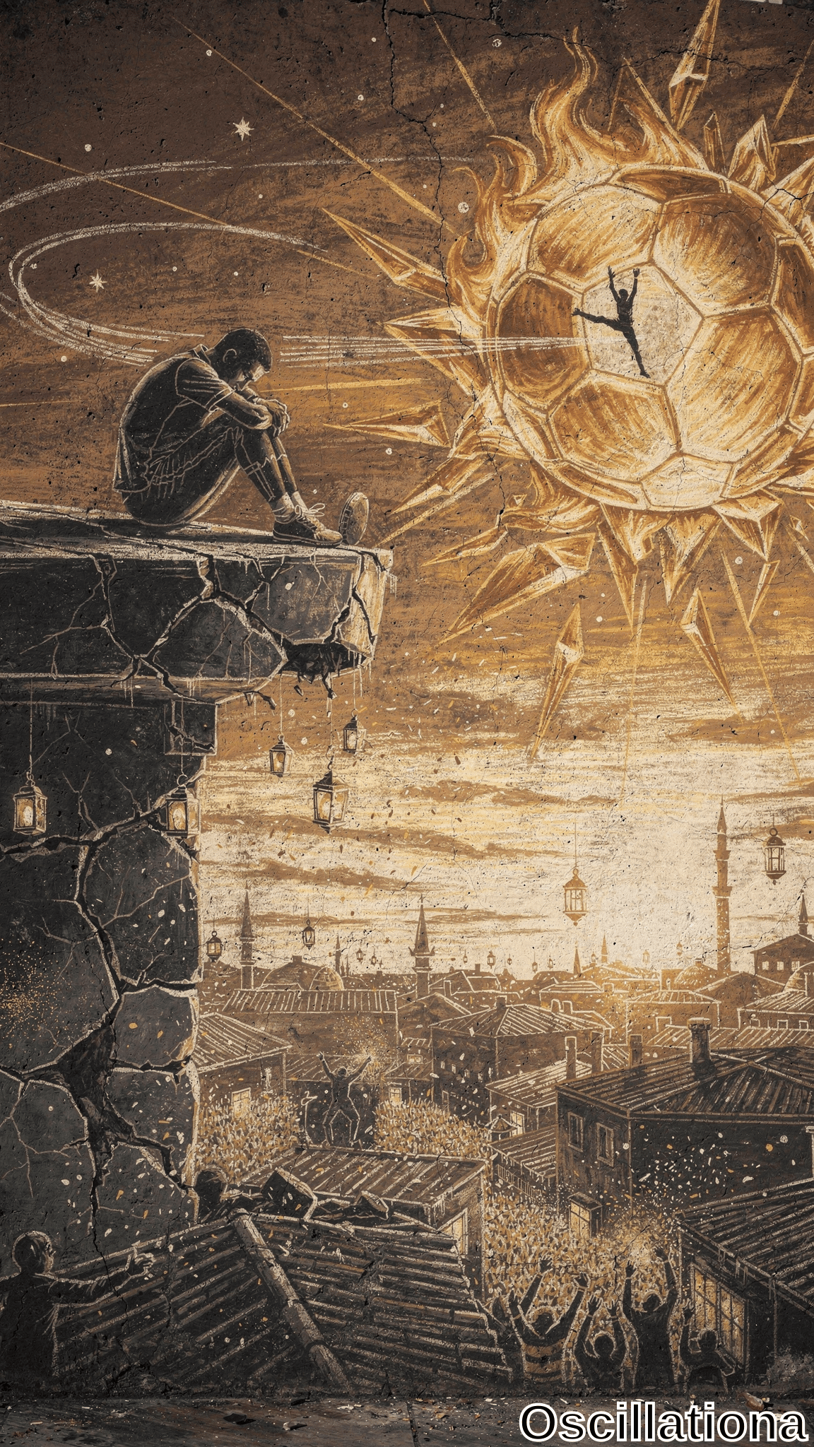 A solitary figure sits on a crumbling rooftop overlooking a lantern-lit city with minarets, facing a giant blazing soccer ball sun with another climber on its surface. Rendered in textured sepia and warm golden tones, the surreal scene feels melancholic yet mystical.