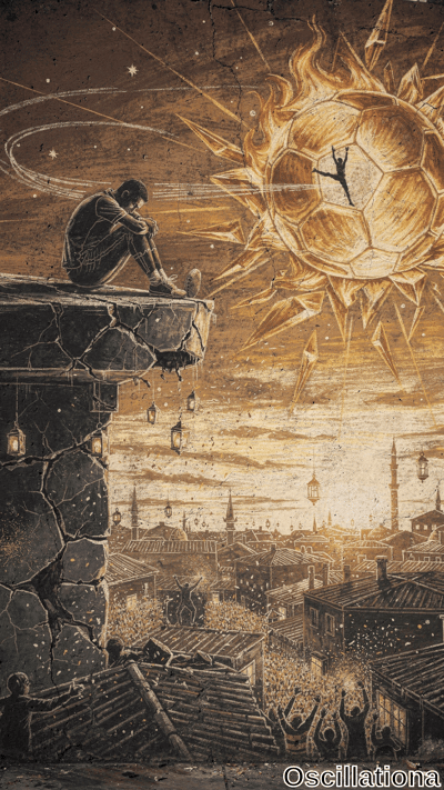 A solitary figure sits on a crumbling rooftop overlooking a lantern-lit city with minarets, facing a giant blazing soccer ball sun with another climber on its surface. Rendered in textured sepia and warm golden tones, the surreal scene feels melancholic yet mystical.