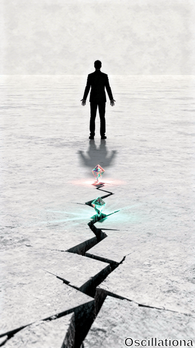 A lone suited figure stands in a vast white plain facing a jagged crack lined with luminous cyan crystals. Surreal minimalist scene with stark lighting and ethereal blue glows.
