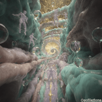 Surreal tunnel scene with semi-transparent humanoid figures interacting within an organic, bulbous structure; green and purple walls lead to a glowing golden spiral at the end, creating a mystical, otherworldly atmosphere of exploration