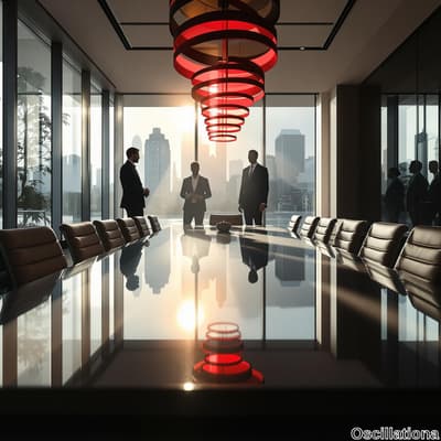 "Modern conference room with a glass-topped table reflecting the surroundings.