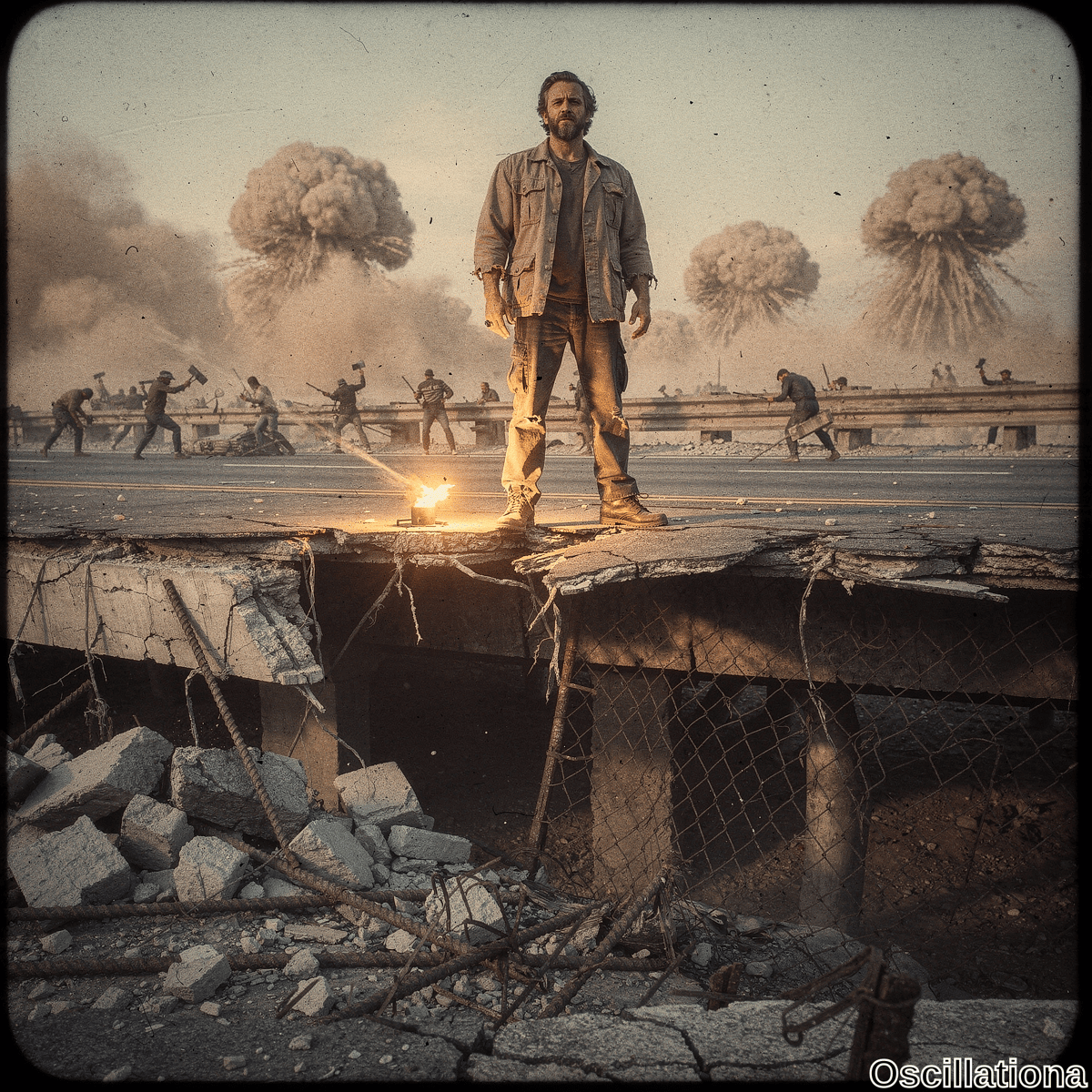 Cinematic sepia-toned vignette of rugged bearded survivor standing heroically on crumbling overpass amid nuclear fallout; silhouetted rioters clash with axes and rifles, massive mushroom clouds billow in dusty orange dusk sky with fiery glow