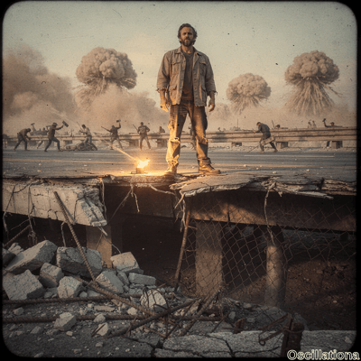 Cinematic sepia-toned vignette of rugged bearded survivor standing heroically on crumbling overpass amid nuclear fallout; silhouetted rioters clash with axes and rifles, massive mushroom clouds billow in dusty orange dusk sky with fiery glow