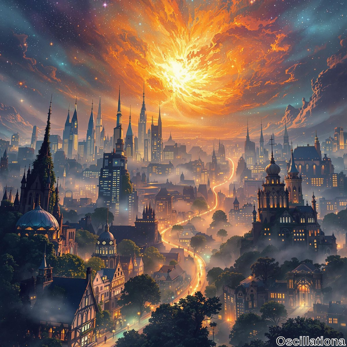 A fantastical cityscape at night with gothic spires and modern skyscrapers, illuminated by a fiery explosion in the sky.