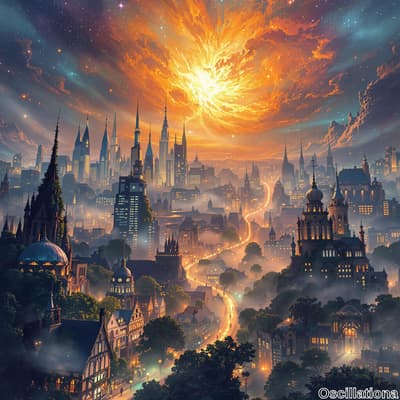 A fantastical cityscape at night with gothic spires and modern skyscrapers, illuminated by a fiery explosion in the sky.