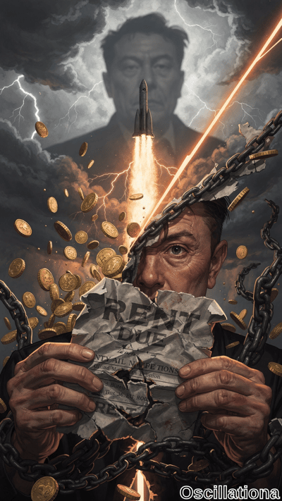 A determined man tears a rent due eviction notice while shattering heavy chains as gold coins scatter around a fiery rocket launch beneath a giant face in a stormy sky with lightning.