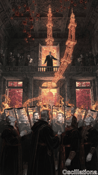 Decaying Gothic hall in infernal reds and blacks: hooded cultists in velvet robes hold flaming iPhones aloft, screens showing diverse faces gazing skyward. Top-hatted silhouette conducts from balcony over fiery cathedral sunset, fractal chandel