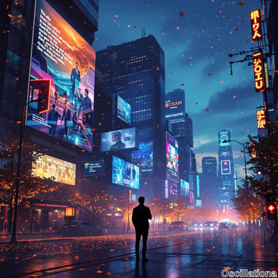 A person stands silhouetted in the foreground, gazing up at a vibrant urban cityscape at night.