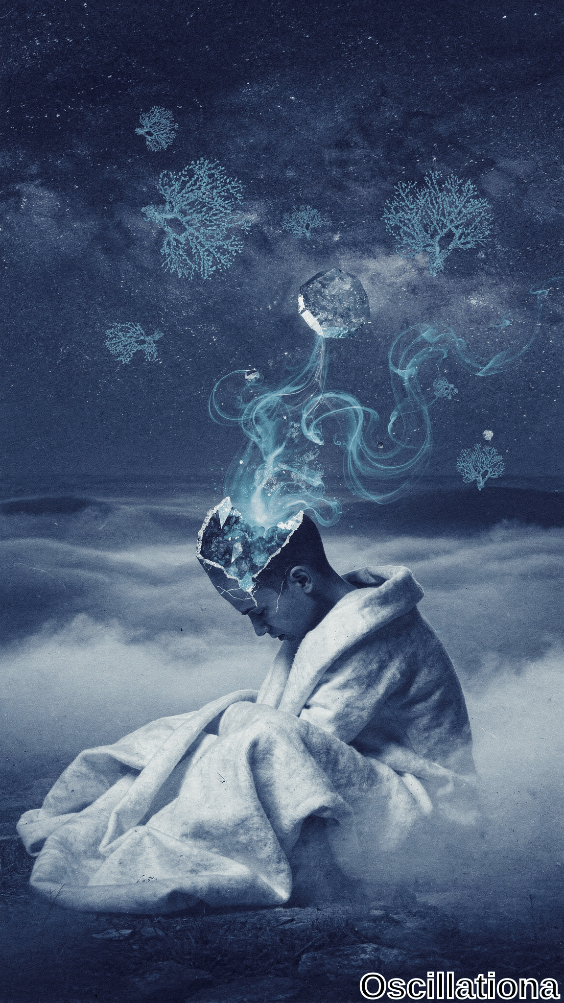 Dreamlike digital artwork of meditative dark-skinned man with closed eyes, head cracked like jagged blue crystal emitting cyan-blue flames & smoke into starry navy cosmos amid floating coral branches, crystal orbs, & swirling mist.
