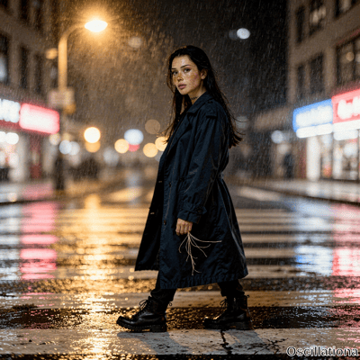 A young woman with freckles and wet dark hair stands in the rainy city crosswalk at night holding twigs looking neutrally at viewer, with neon lights.
.