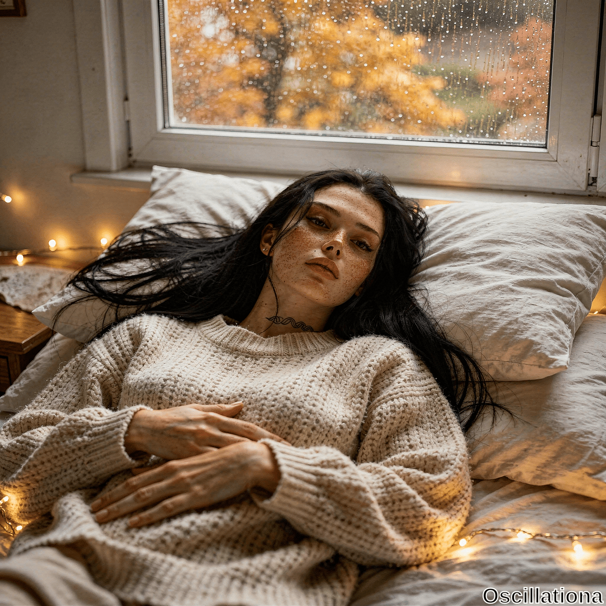 In cozy bedroom on rainy autumn day, freckled woman with long black hair, piercing eyes, neck tattoo relaxes on rumpled cream sheets in oversized chunky-knit sweater, hands clasped, fairy lights glow.