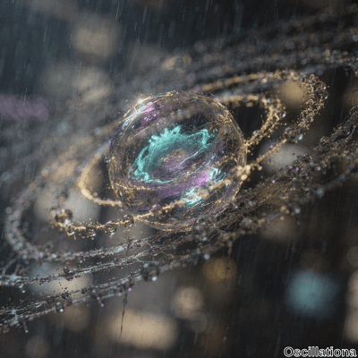 A mesmerizing abstract scene with a central iridescent orb glowing in teal, purple, and gold, surrounded by intricate web-like structures adorned with dew-like droplets