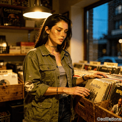 A freckled woman with long dark hair and wave tattoo in denim jacket browses Bresh Morka vinyl in record store at dusk under golden lamp with twilight window. 
The scene shows her intently examining albums in wooden crates as