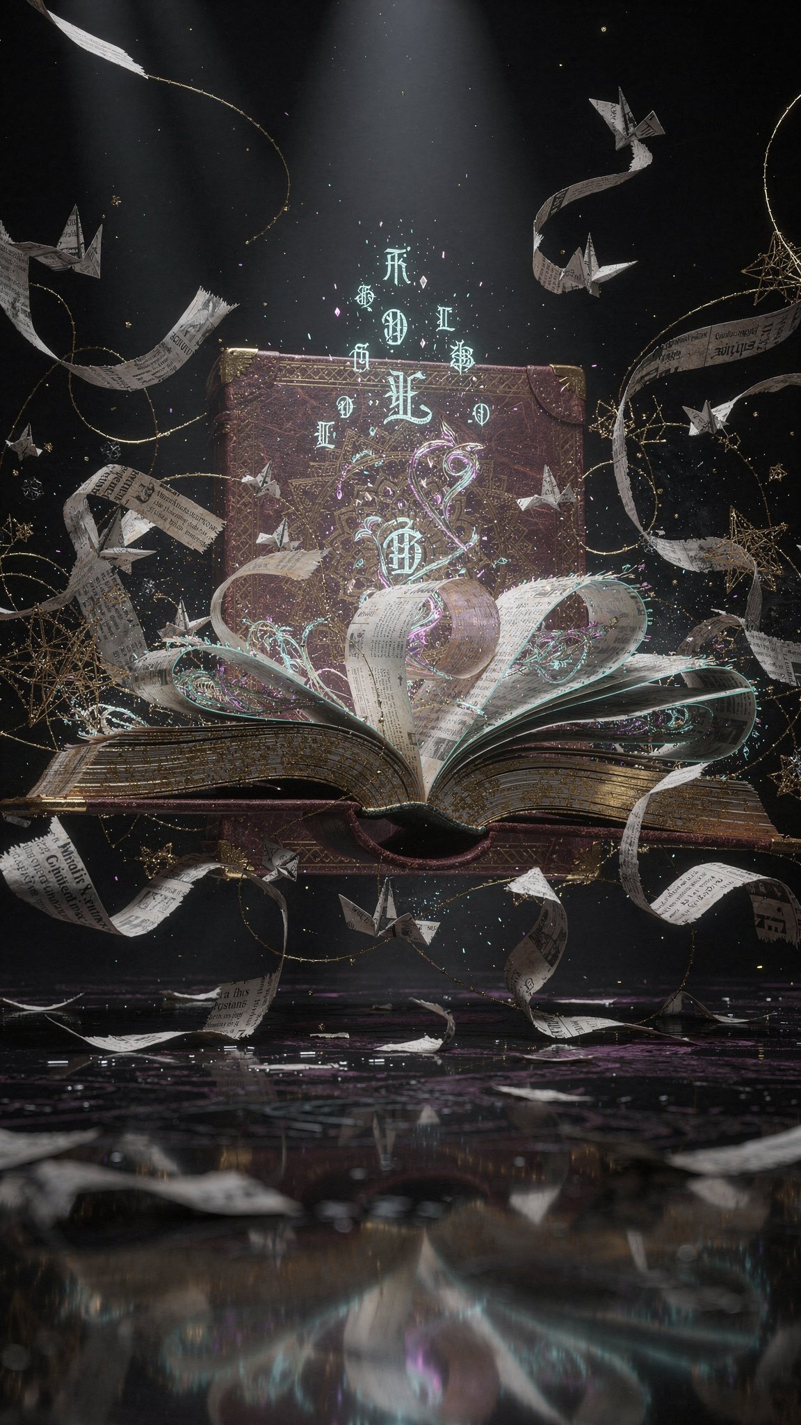 An ornate book with gold and purple designs lies open, releasing swirling streams of paper that transform into origami birds and stars