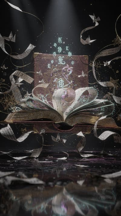 An ornate book with gold and purple designs lies open, releasing swirling streams of paper that transform into origami birds and stars