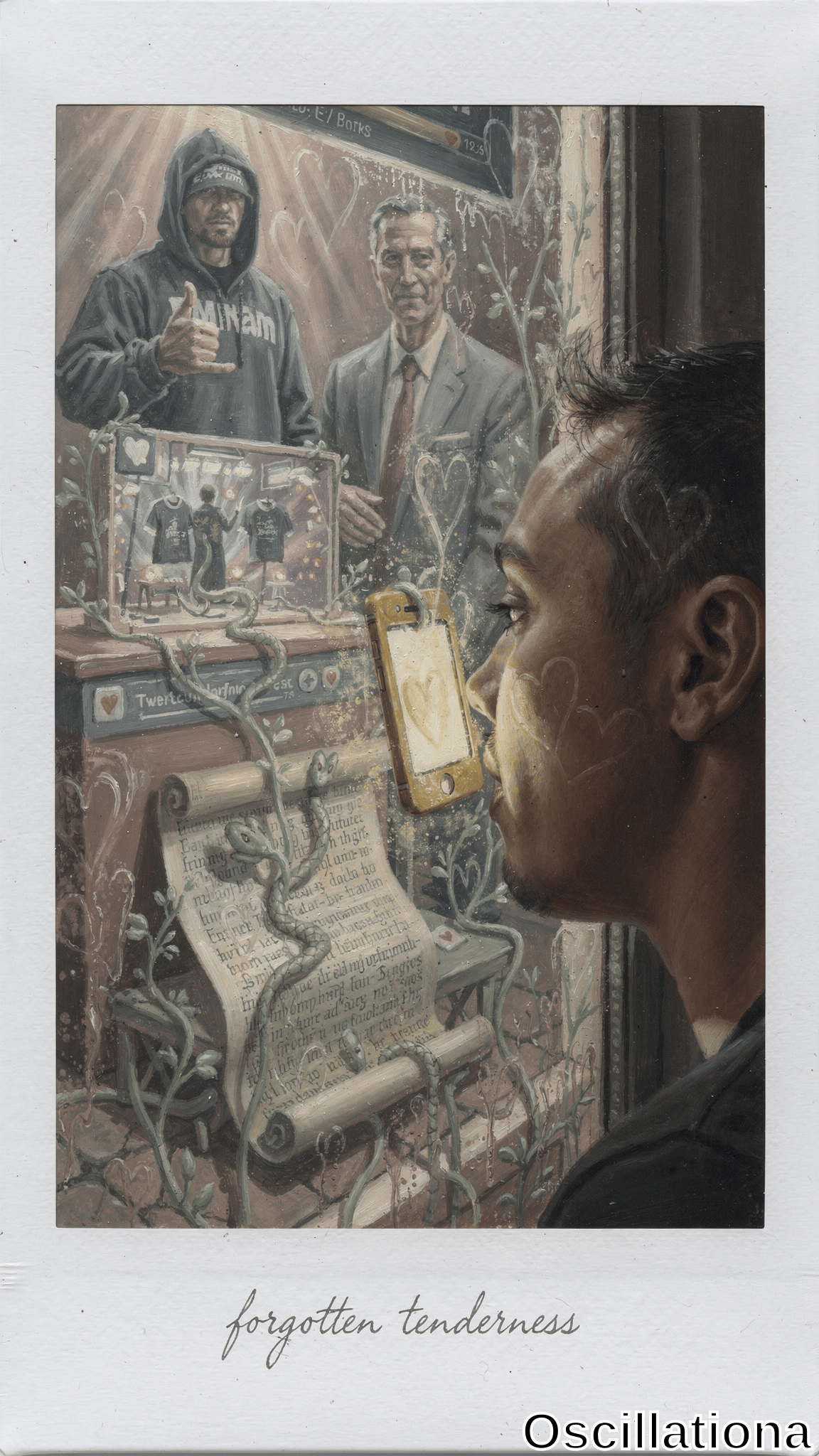 Polaroid-style photo of hyper-realistic oil painting in worn white frame: vine-choked subway vending machine with Eminem hoodies, spilling Lorem Ipsum scroll, dripping pink hearts, golden serpents. Black man thumbs-up in