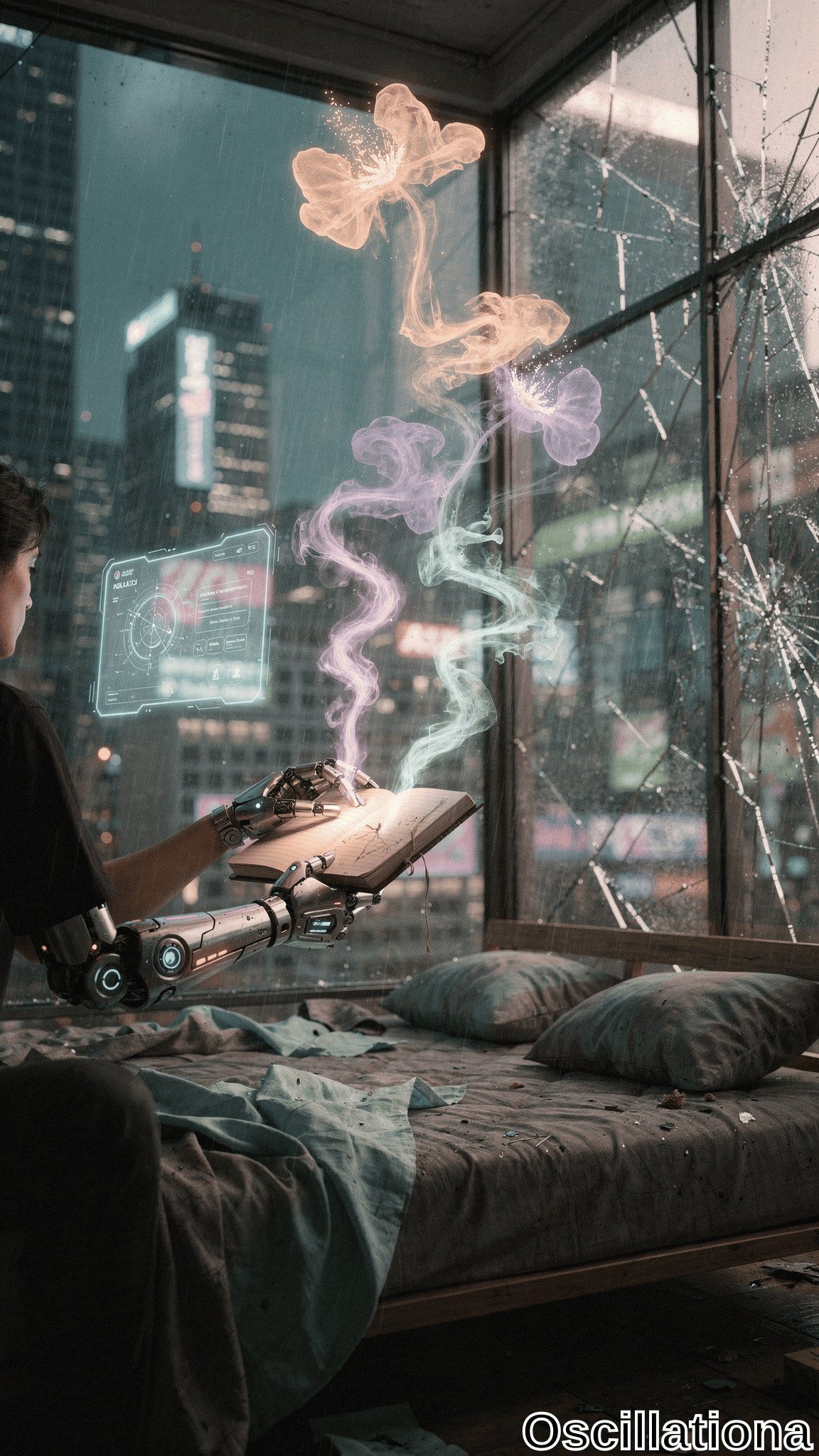 Cyberpunk bedroom at rainy night: from behind, dark-haired youth in black shirt on messy gray bed with teal sheets holds glowing ancient book via silver-gray cybernetic arm with blue neon nodes. Multicolored smoke blooms swirl to