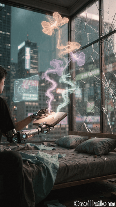 Cyberpunk bedroom at rainy night: from behind, dark-haired youth in black shirt on messy gray bed with teal sheets holds glowing ancient book via silver-gray cybernetic arm with blue neon nodes. Multicolored smoke blooms swirl to