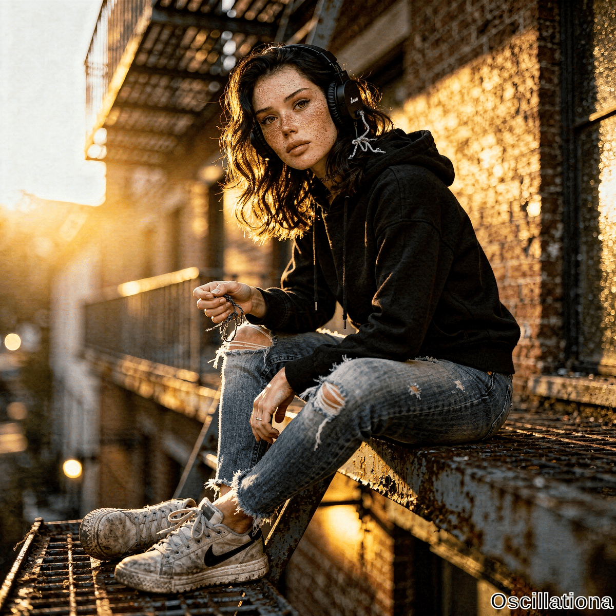 Young woman with freckles, neck tattoo sits on rusty fire escape wearing headphones and holding cord looking at camera in golden hour with lens flare.
.