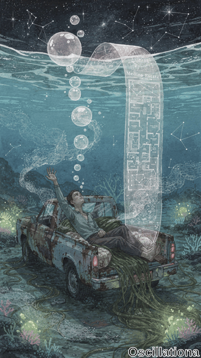 A surreal dreamlike underwater scene: starry navy sky above wavy surface, teal-blue ocean floor below. Translucent 'Medina Estate' scroll with blueprints and star maps unfurls downward. Rusty 1950s pickup truck on