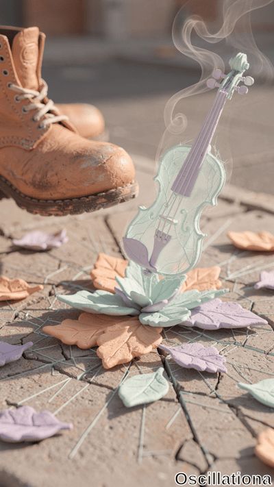 Surreal close-up of massive weathered tan leather combat boot crushing delicate translucent mint-green violin with veined fairy-wing textures and purple accents; wispy smoke rises amid oversized pastel autumn leaves on cracked gray stone pavement, golden-hour glow