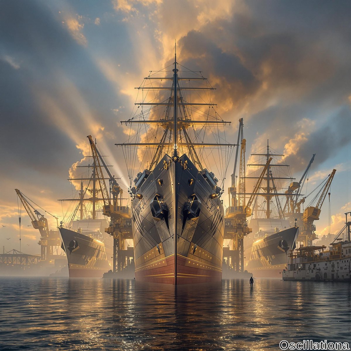 A large, black and gold ship with intricate rigging and masts dominates the center, flanked by two smaller ships, creating a symmetrical scene at a shipyard.