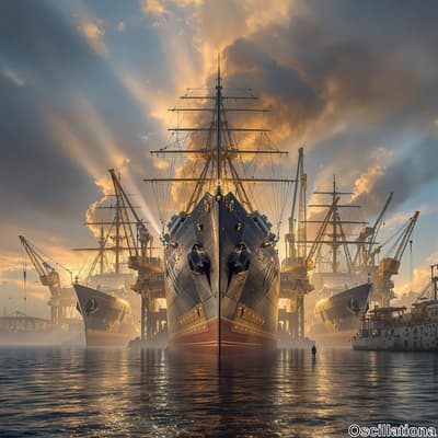 A large, black and gold ship with intricate rigging and masts dominates the center, flanked by two smaller ships, creating a symmetrical scene at a shipyard.