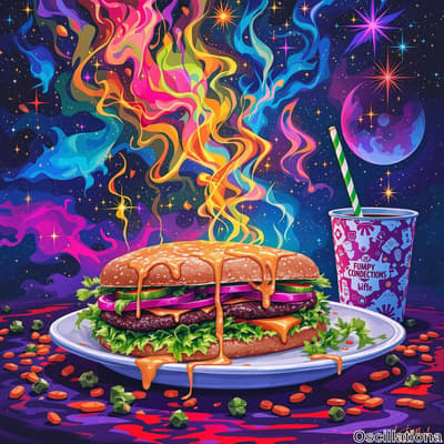 A surrealistic cheeseburger on a white plate with sesame seed bun, melted cheese dripping down, beef patty, lettuce, tomato, and red onion slices