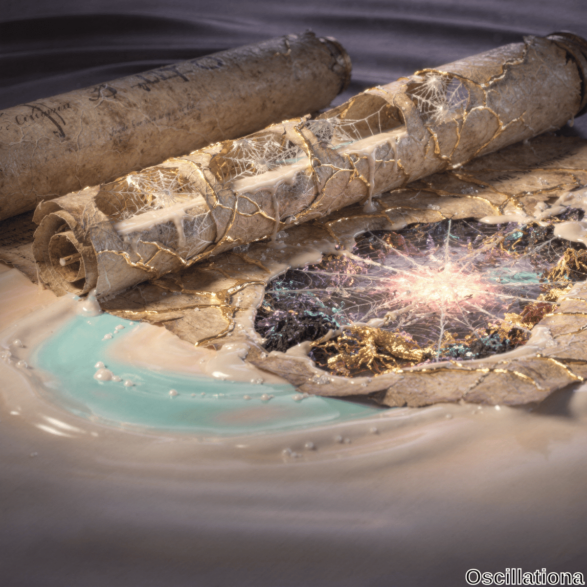 Two ancient scrolls with kintsugi-like gold repairs lie partially unrolled on a creamy and turquoise textured surface